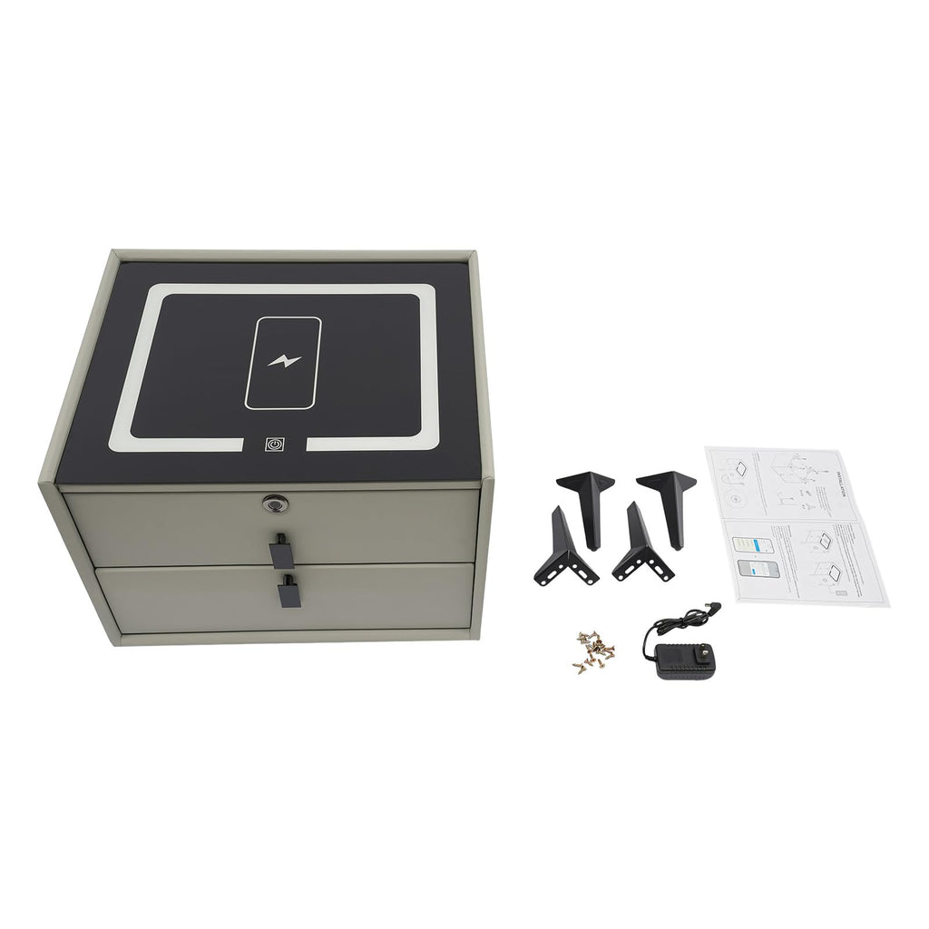 Light Gray Solid Wood Nightstand with Charging Station and 2 Drawers P5232