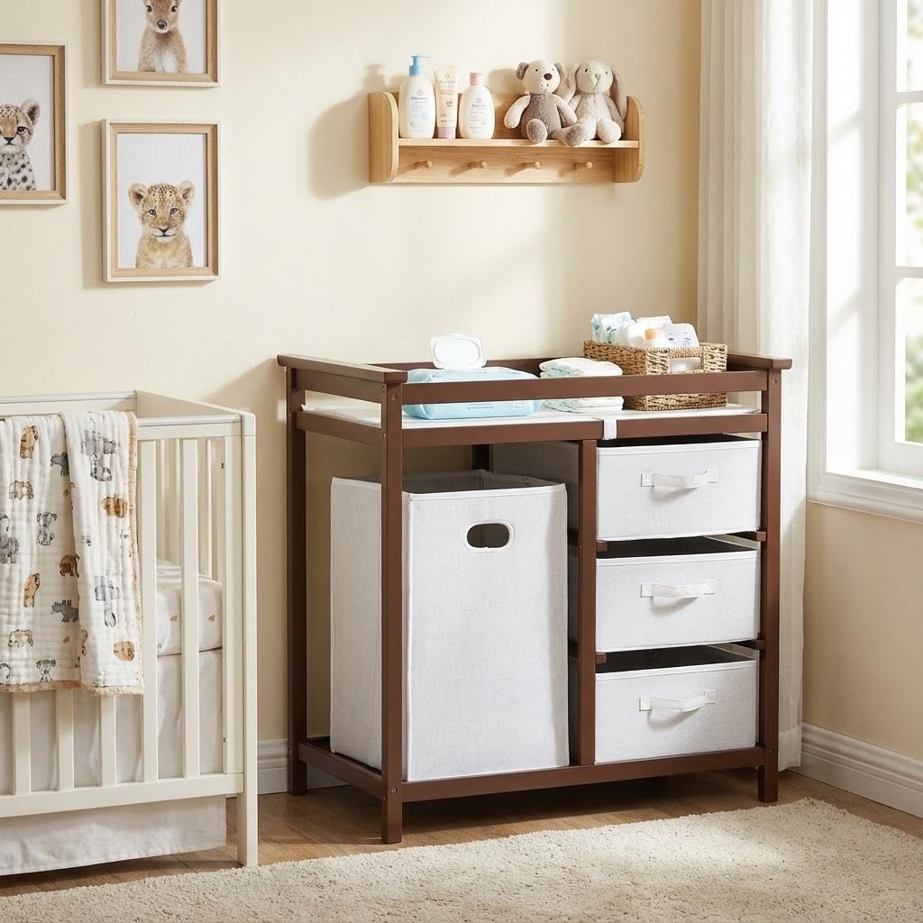 Modern Baby Changing Table with Laundry Hamper & 3 Drawers U3914