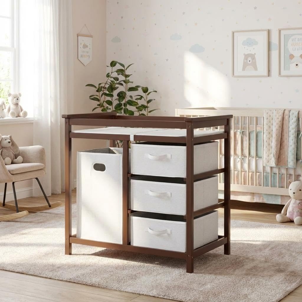 Modern Baby Changing Table with Laundry Hamper & 3 Drawers U3914