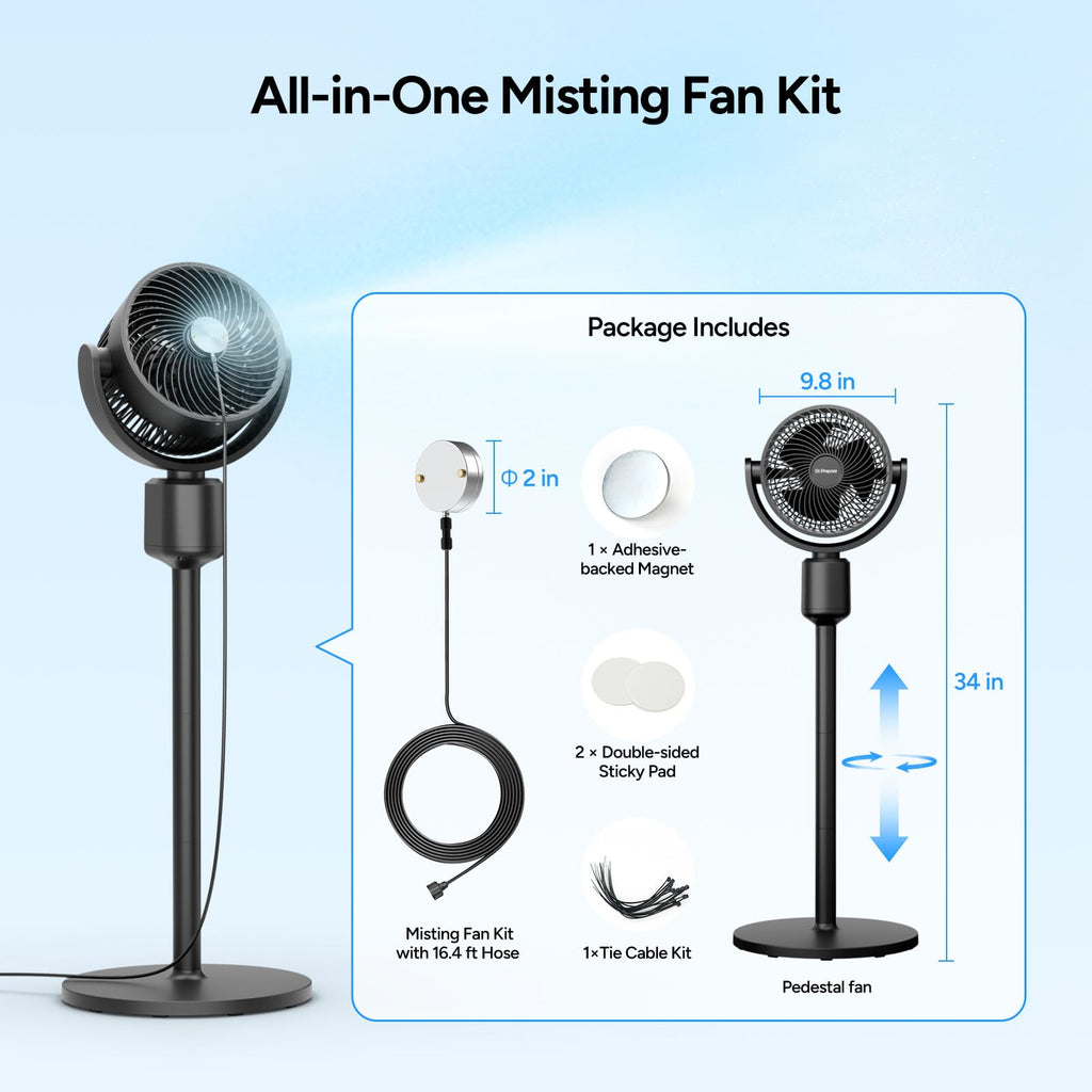 Compact Misting Pedestal Fan with Magnetic Mister, Quiet Air Circulator Standing Fan, 16-34" Adj. Height, 70°Auto-Oscillation, 3 Speeds B19914