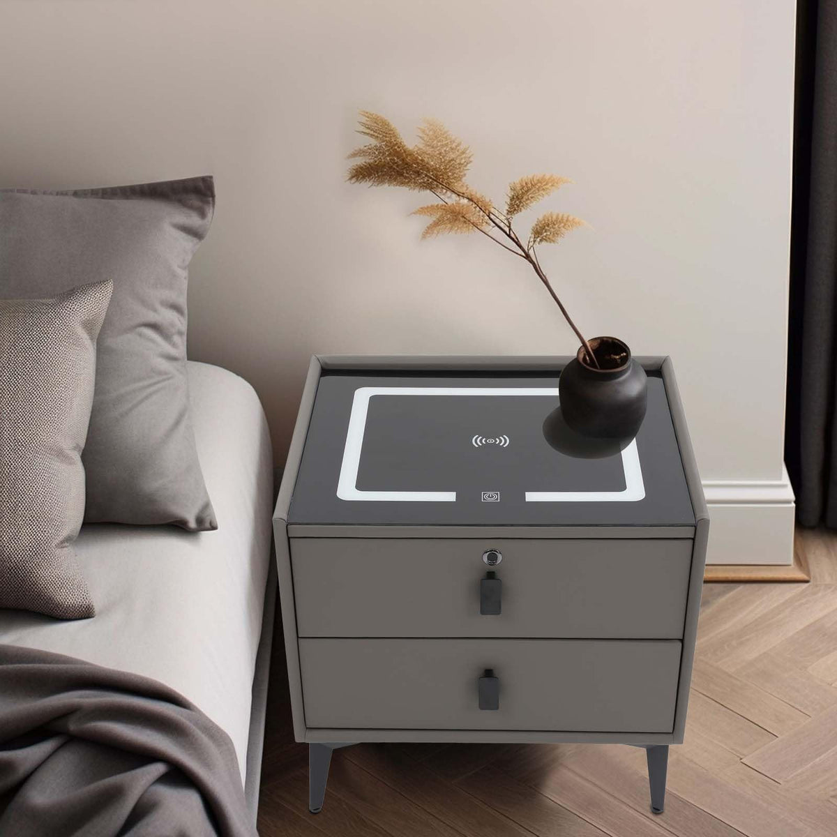 Dark Grey Smart Nightstand with Wireless Charging and LED Lights Y561853