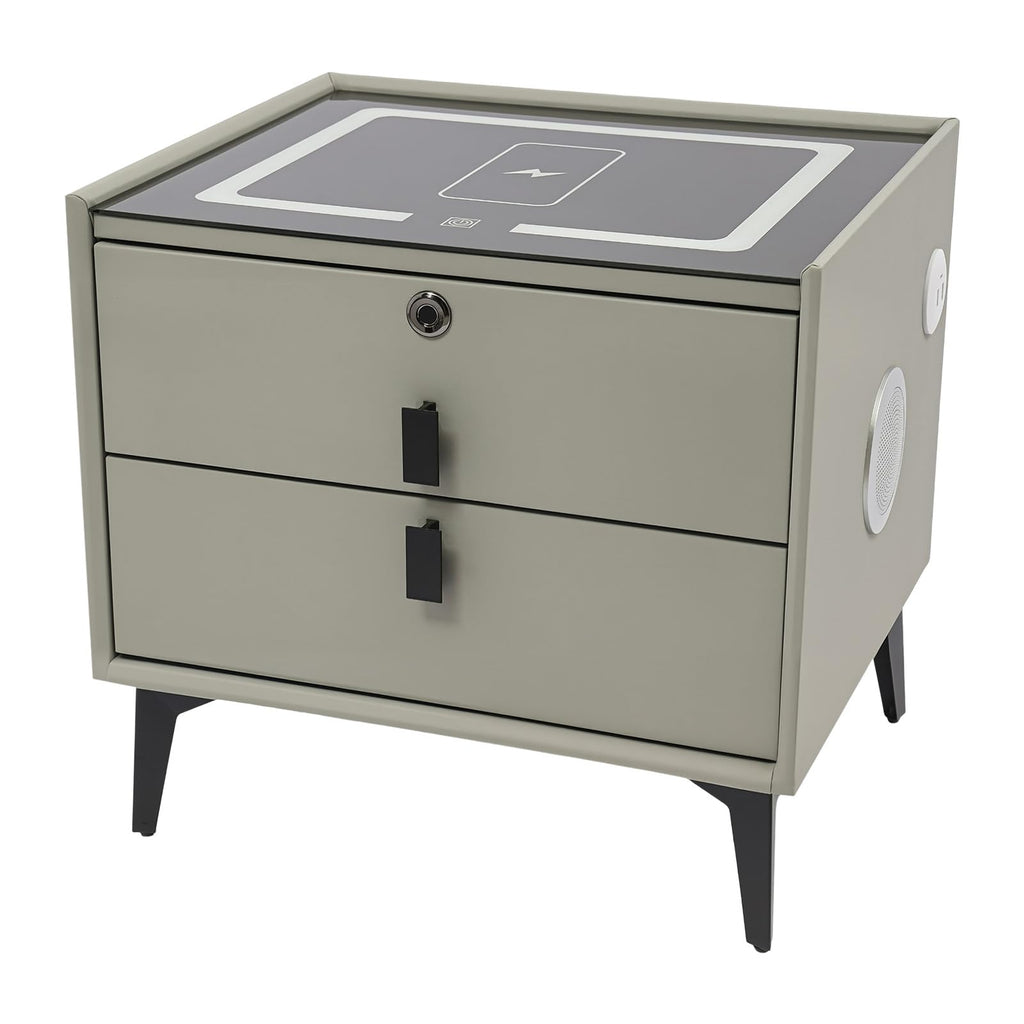 Light Gray Solid Wood Nightstand with Charging Station and 2 Drawers P5232