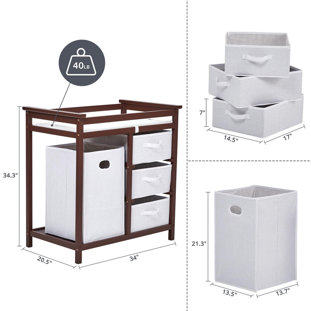 Modern Baby Changing Table with Laundry Hamper & 3 Drawers U3914