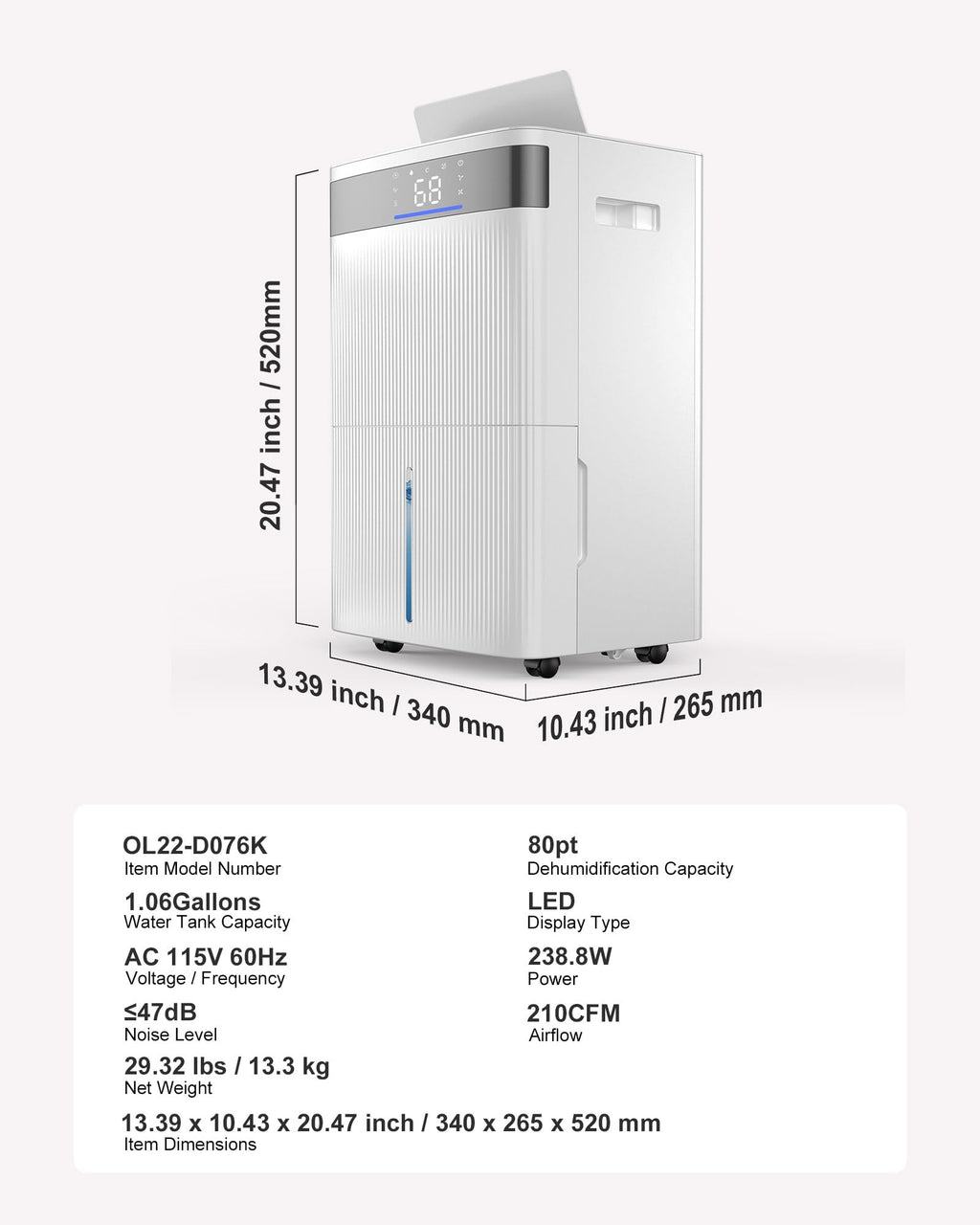 80 Pints Dehumidifier with Drain Hose R412