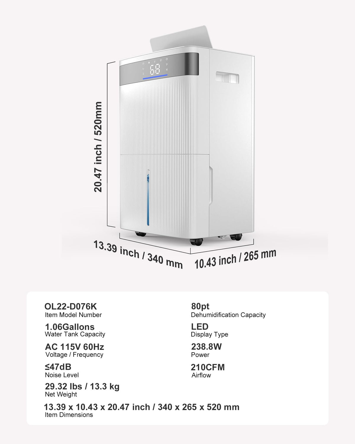 80 Pints Dehumidifier with Drain Hose R412