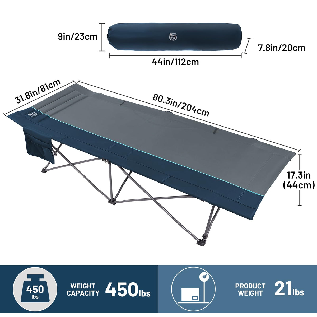 31.8" Extra Wide Heavy Duty Camping Cot with Carry Bag, Blue, 2 Pack E613283