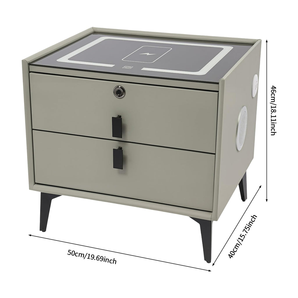 Light Gray Solid Wood Nightstand with Charging Station and 2 Drawers P5232