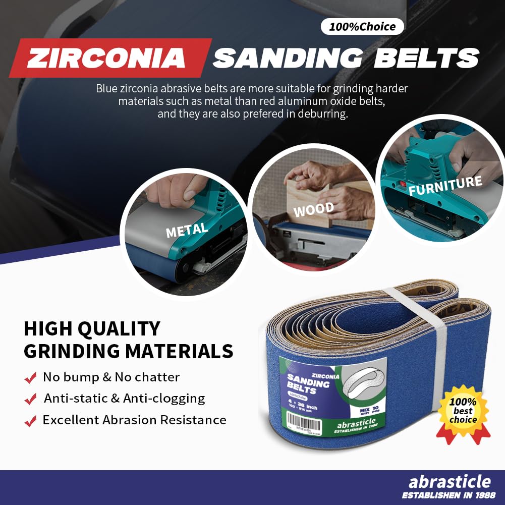 4" x 36" Zirconia Sanding Belts, 10 PCS Assorted Grits O3842