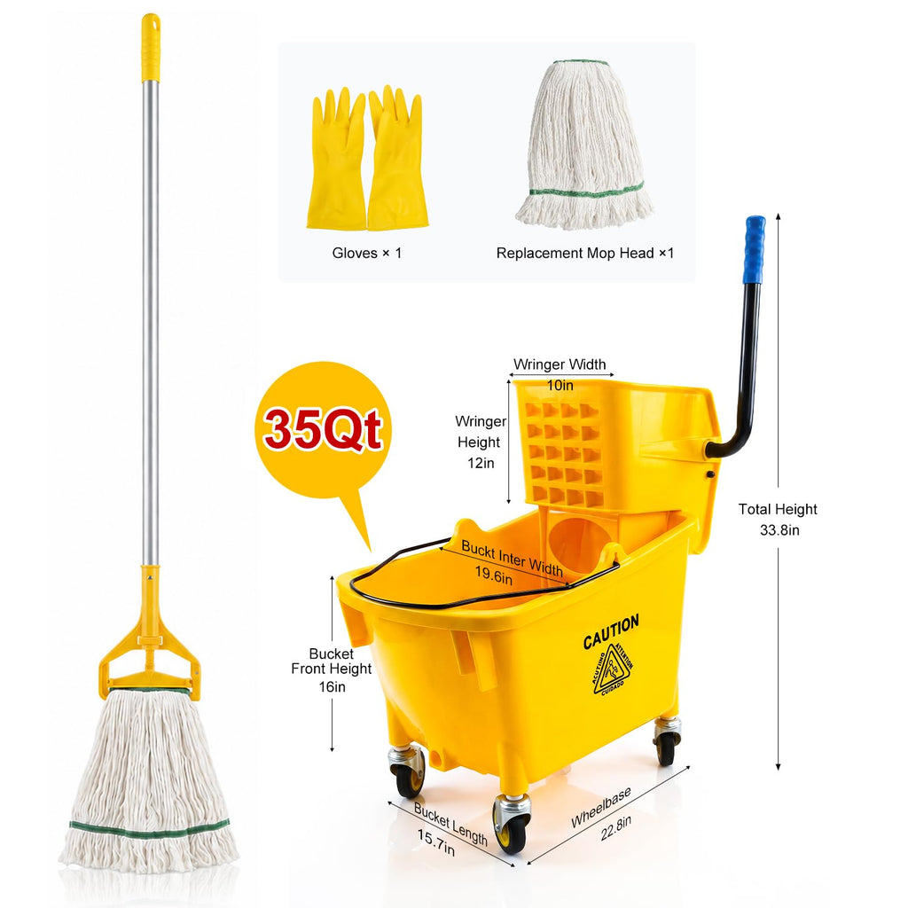 35 Quart Mop Bucket with Side Press Wringer on Wheels L1609