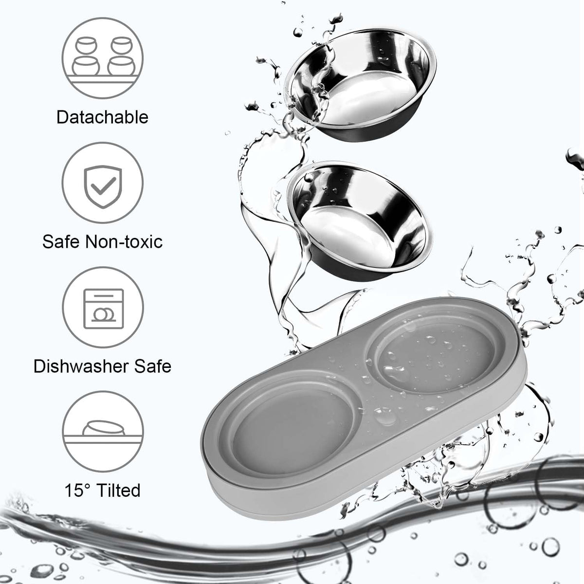 Tilted Stainless Steel Cat Food and Water Bowl Set F21432