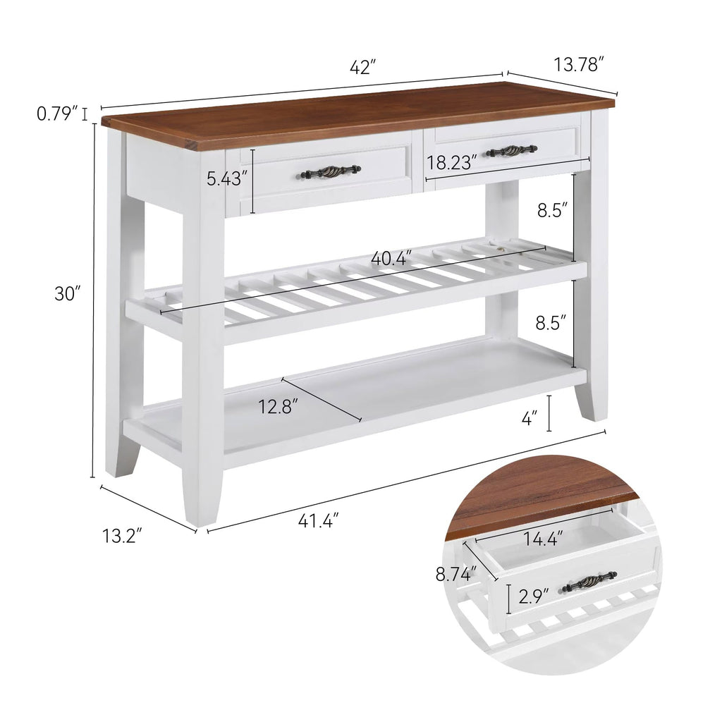 Brown White Pine Wood Console Table with 2 Open Shelves F2722