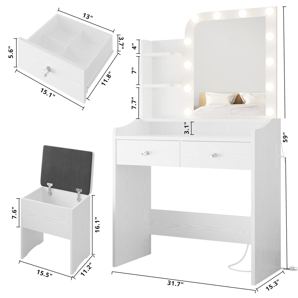 White Vanity Desk with Mirror Lights and Storage Stool K662803