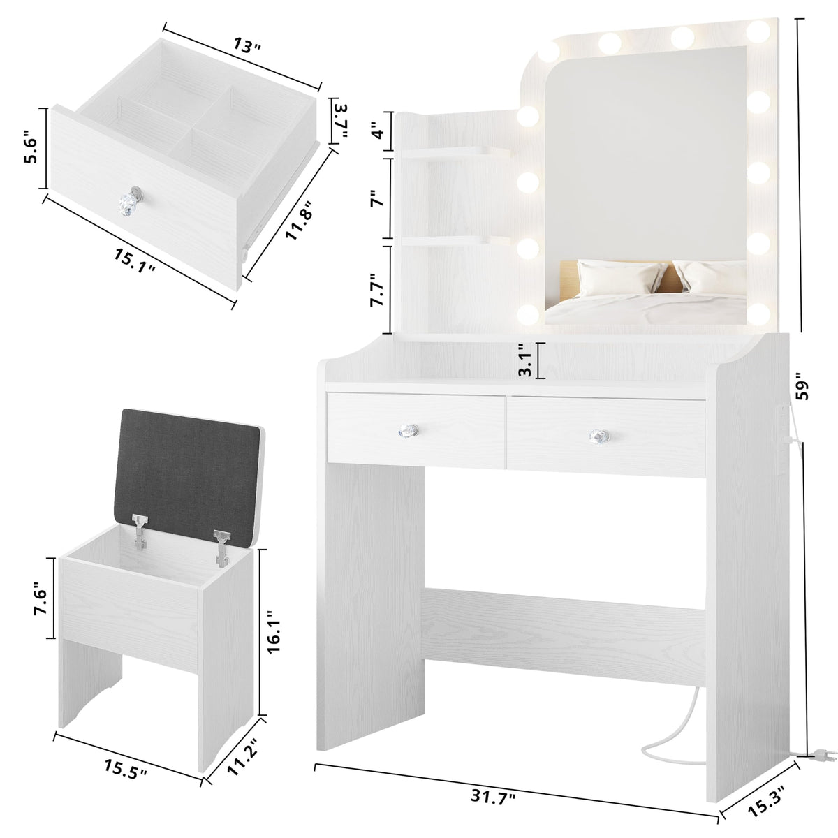 White Vanity Desk with Mirror Lights and Storage Stool K662803