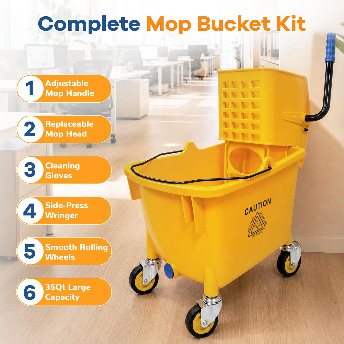 35 Quart Mop Bucket with Side Press Wringer on Wheels L1609