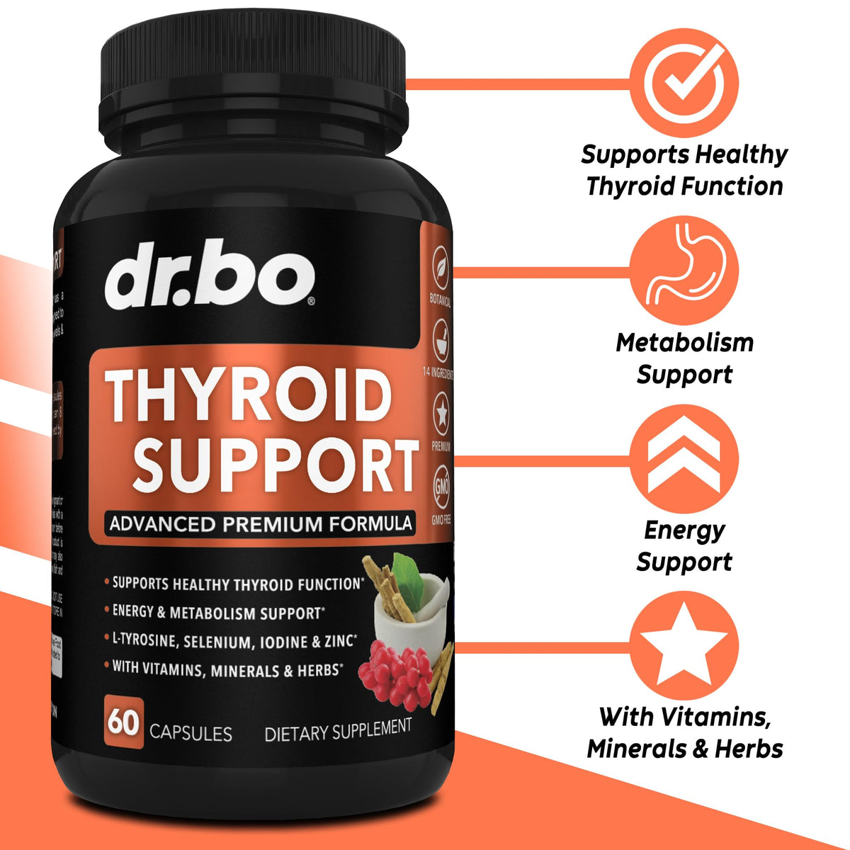 Thyroid Support Supplement with L-Tyrosine Selenium Iodine Zinc Bladderwrack Kelp Ashwagandha 60 Pills J48727