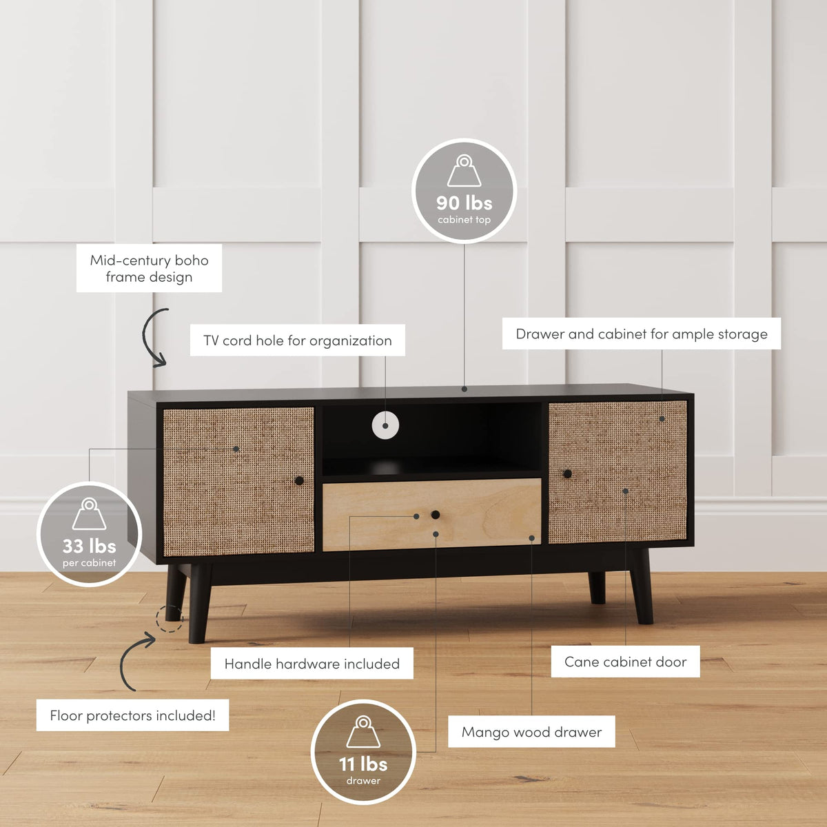 Black Oak Rattan TV Stand with Storage Doors G322117
