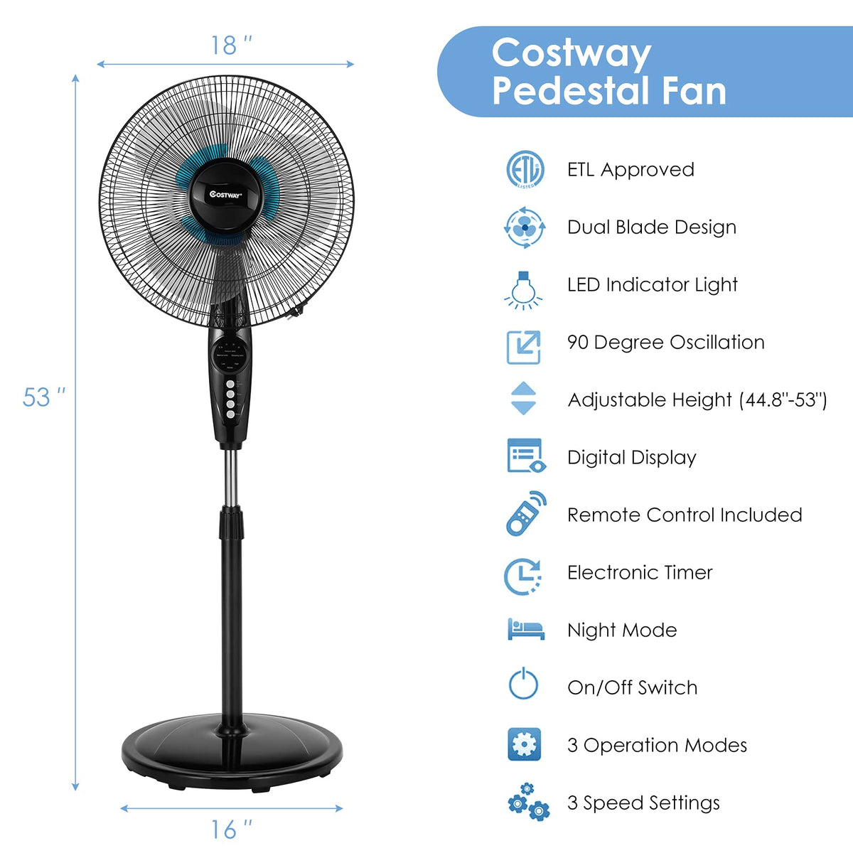 16-Inch Oscillating Pedestal Fan B163102