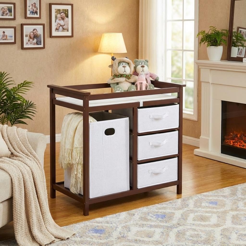 Modern Baby Changing Table with Laundry Hamper & 3 Drawers U3914
