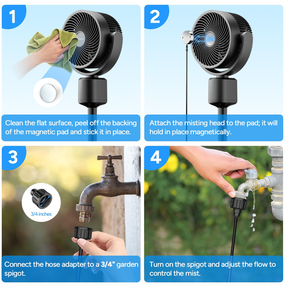 Compact Misting Pedestal Fan with Magnetic Mister, Quiet Air Circulator Standing Fan, 16-34" Adj. Height, 70°Auto-Oscillation, 3 Speeds B19914