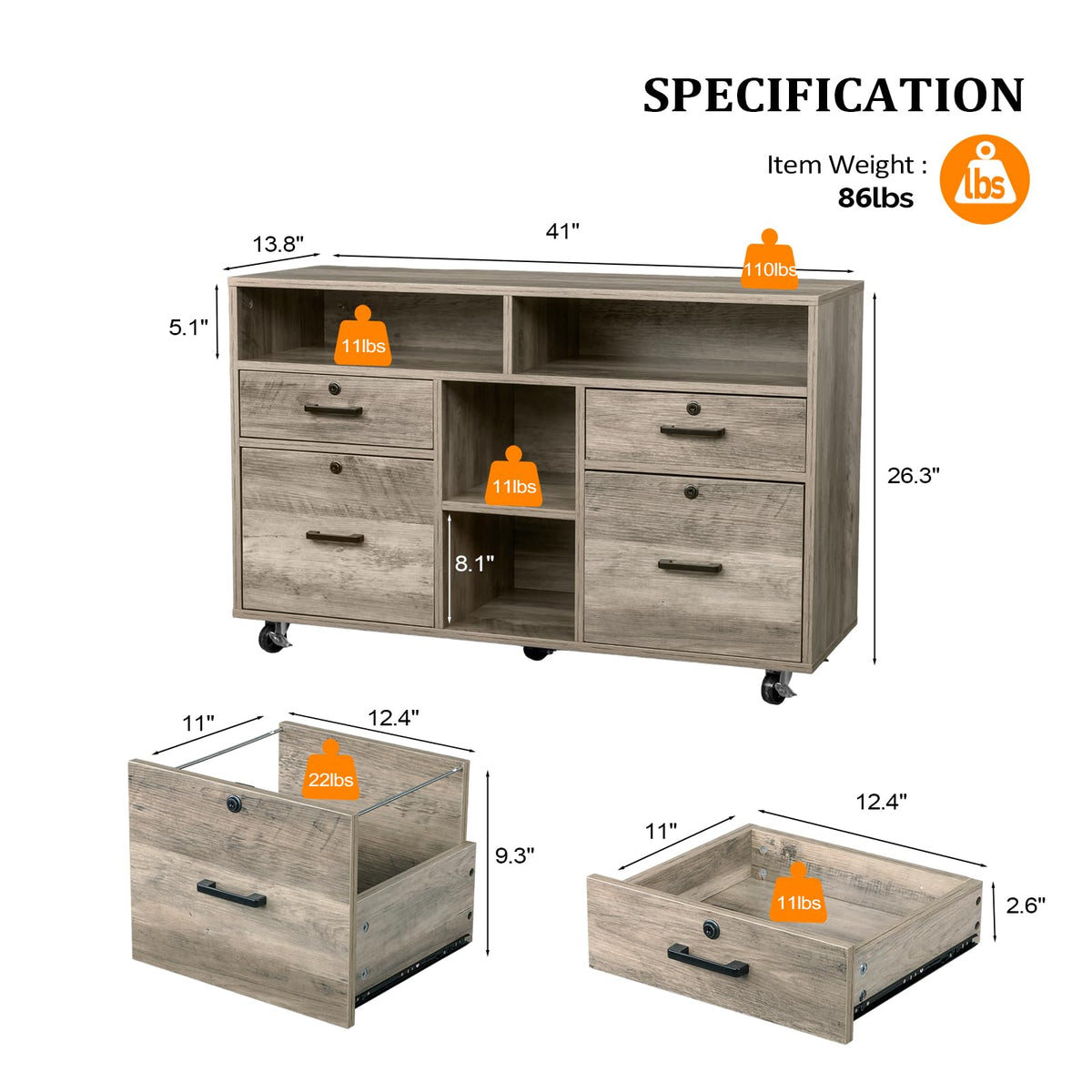 Rustic Grey 4 Drawer File Cabinet with Lock W170