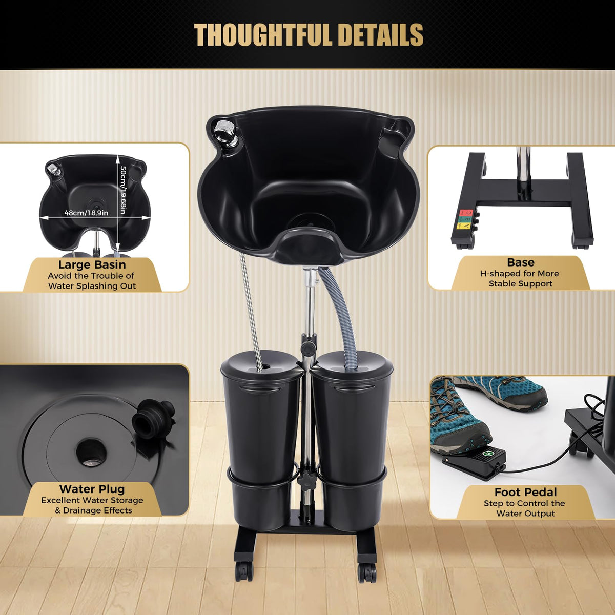 Portable Shampoo Bowl with 2 Buckets, Electric Pump, Drain Hose, 4 Wheels D58954