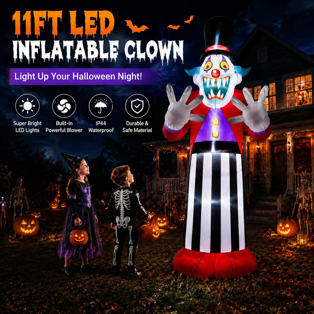 11FT Giant Halloween Inflatables Clown Ghost with LED Lights O21289