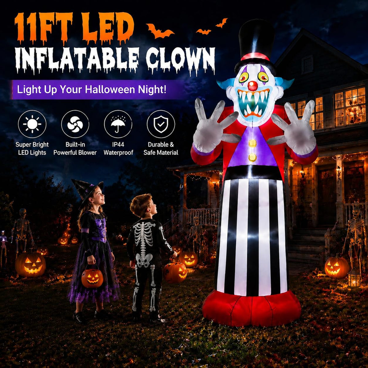 11FT Giant Halloween Inflatables Clown Ghost with LED Lights O21289