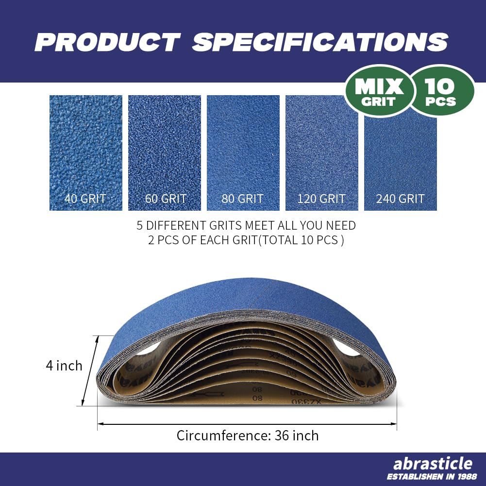 4" x 36" Zirconia Sanding Belts, 10 PCS Assorted Grits O3842