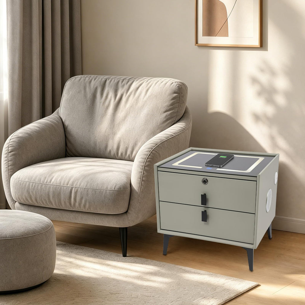 Light Gray Solid Wood Nightstand with Charging Station and 2 Drawers P5232
