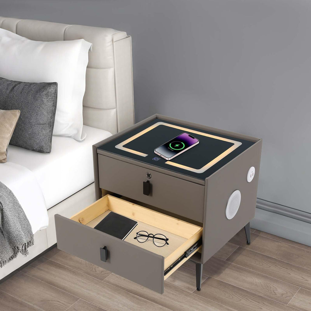 Dark Grey Smart Nightstand with Wireless Charging and LED Lights Y561853