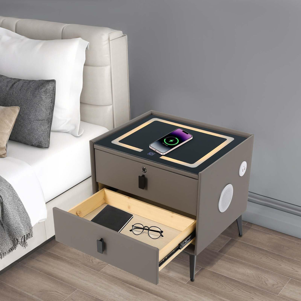 Dark Grey Smart Nightstand with Wireless Charging and LED Lights Y561853