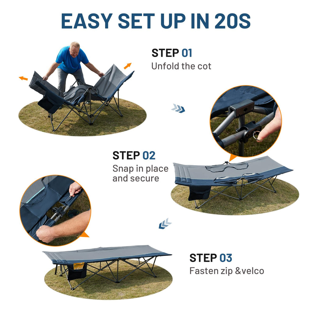 31.8" Extra Wide Heavy Duty Camping Cot with Carry Bag, Blue, 2 Pack E613283
