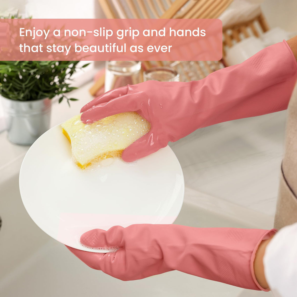 4 Pairs Reusable Rubber Cleaning Gloves with Flocked Lining and Non-Slip Grip H87315