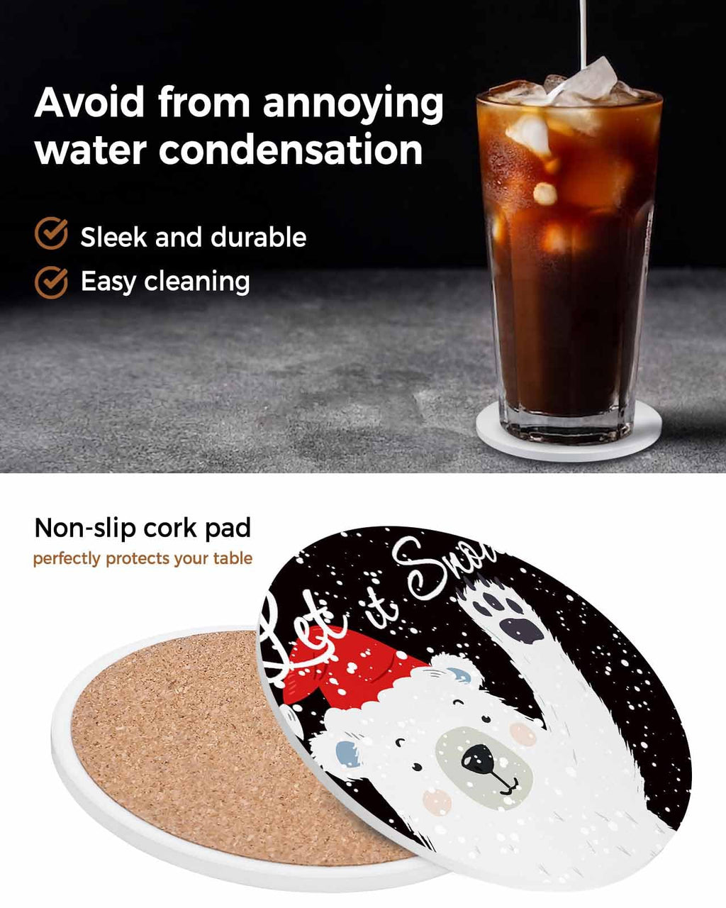 Set of 4 Absorbent Ceramic Stone Coasters with Cork Base I29394