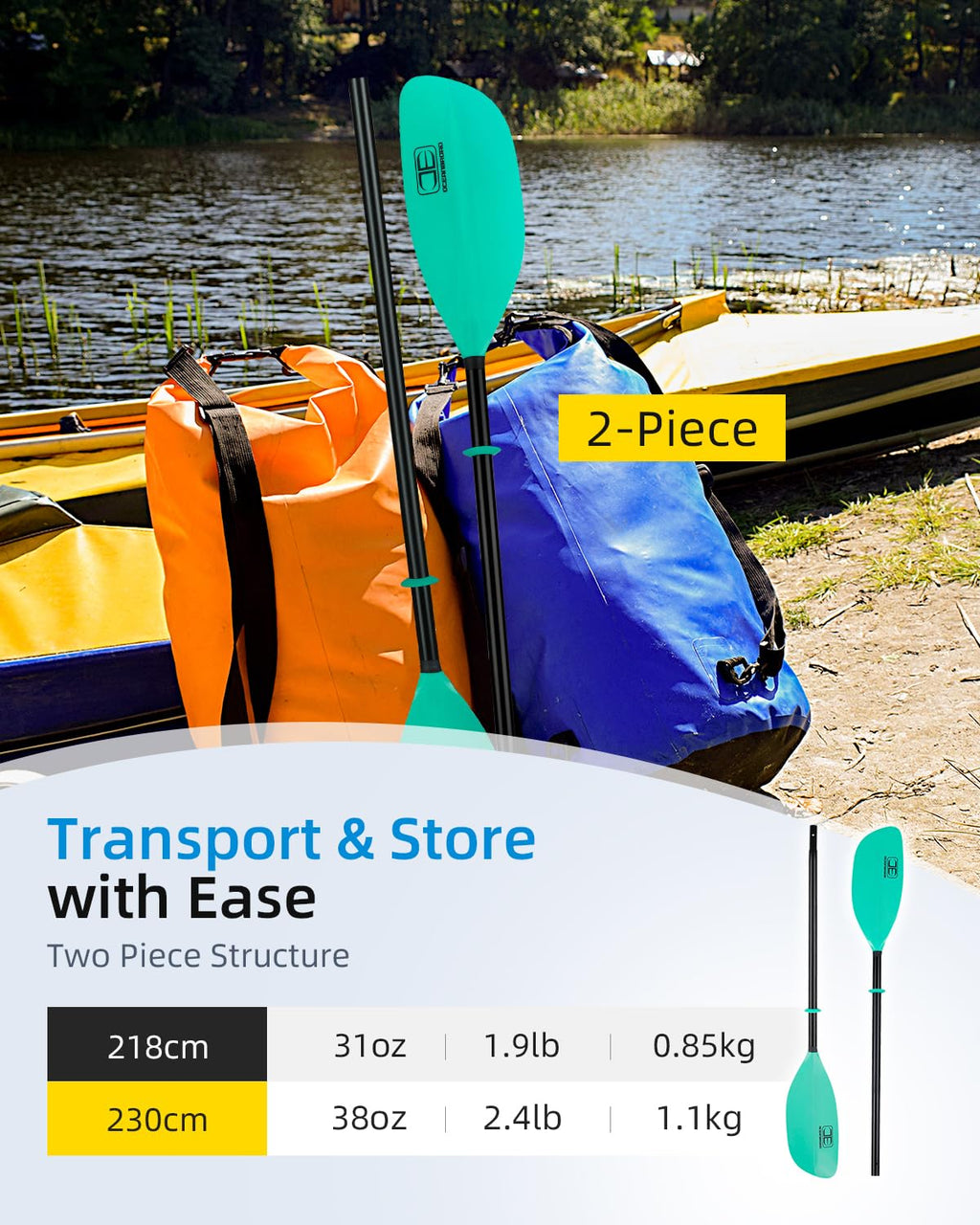 86in/218cm 90.5in/230cm Alloy Shaft 2-Piece Kayak Paddle K356