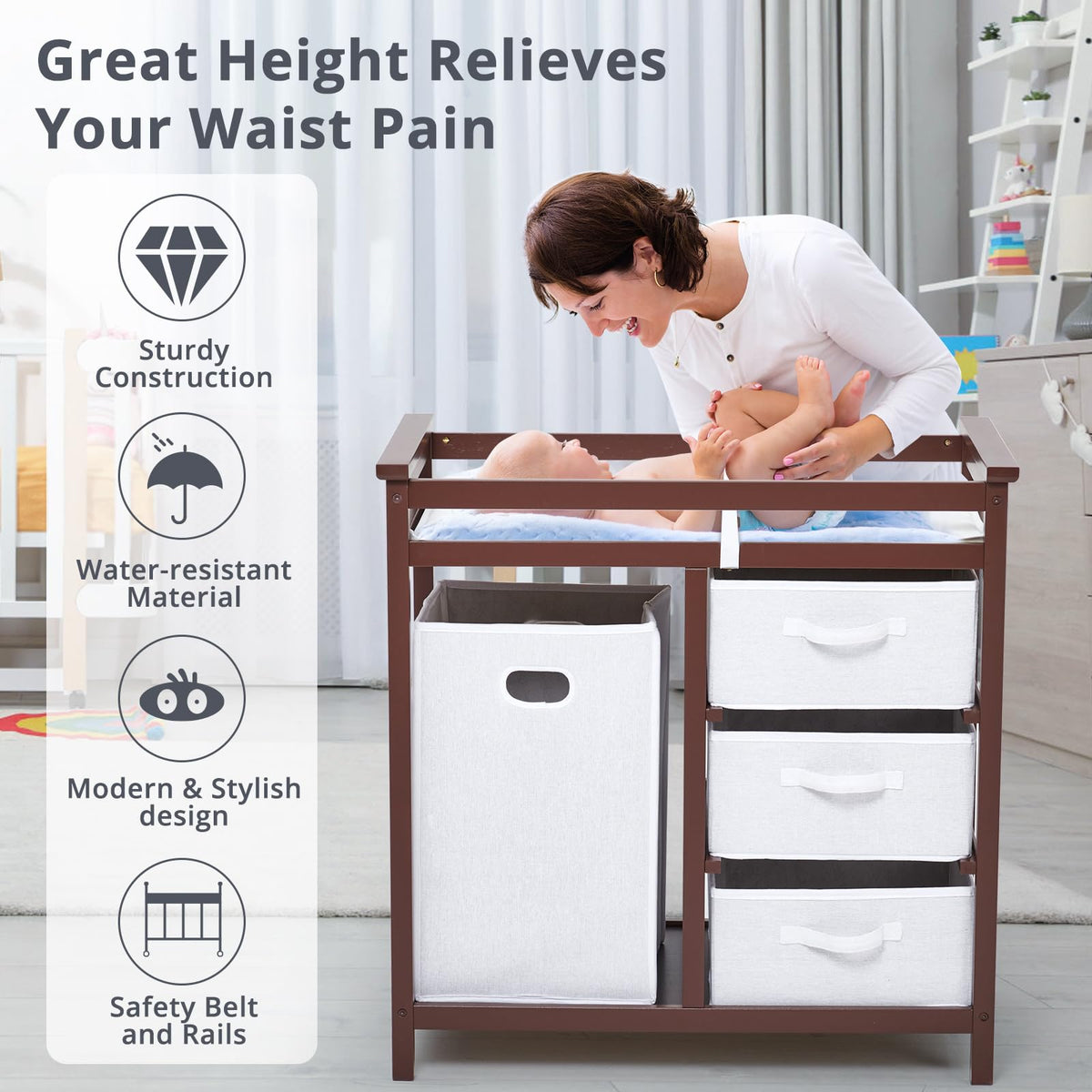 Modern Baby Changing Table with Laundry Hamper & 3 Drawers U3914