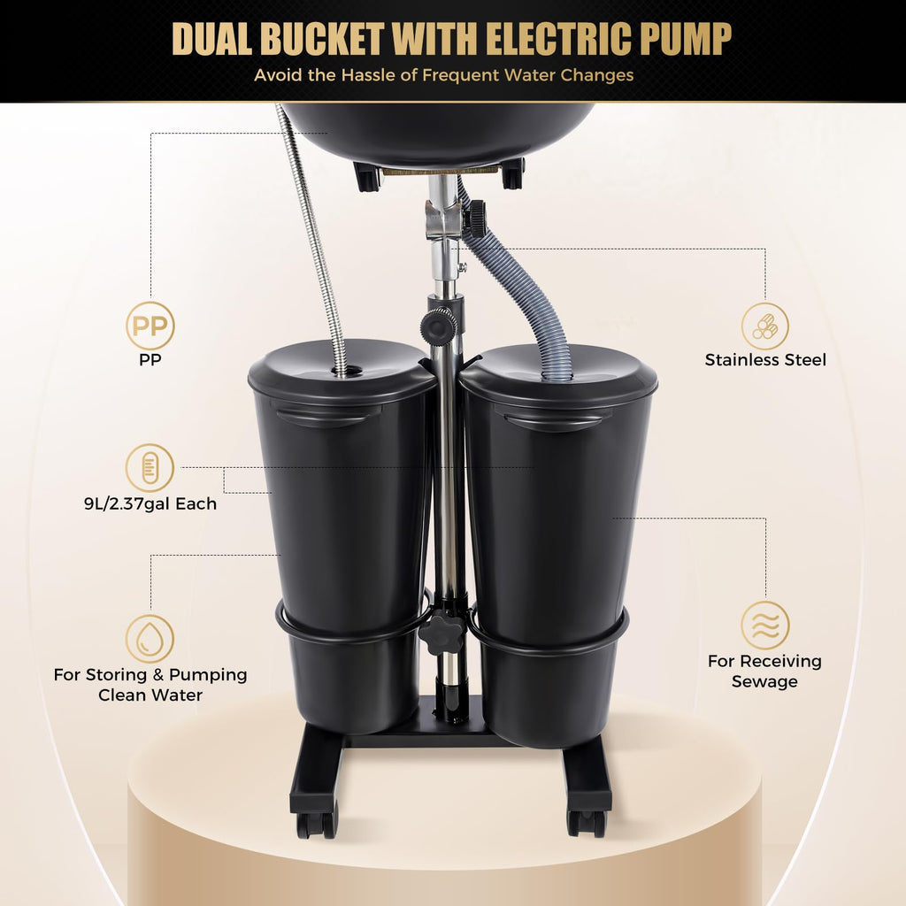Portable Shampoo Bowl with 2 Buckets, Electric Pump, Drain Hose, 4 Wheels D58954