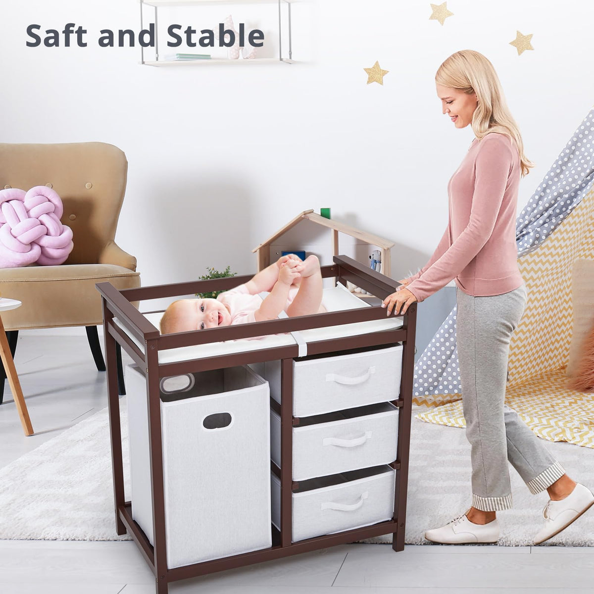 Modern Baby Changing Table with Laundry Hamper & 3 Drawers U3914