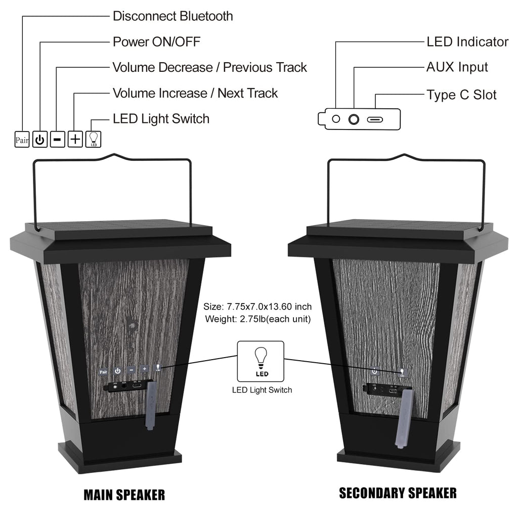 Black Waterproof Solar Powered 2 Packs Bluetooth Speakers N1947