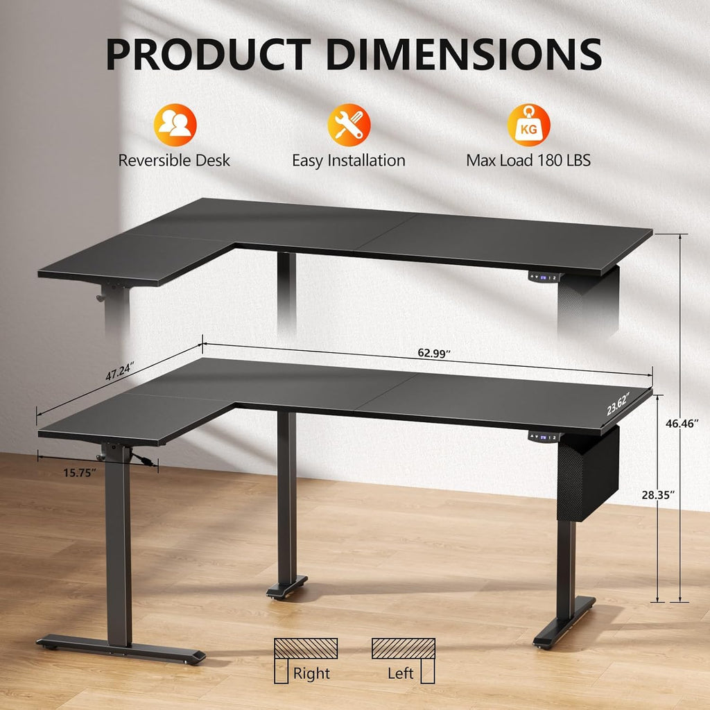 63" L Shaped Height Adjustable Standing Desk F8690