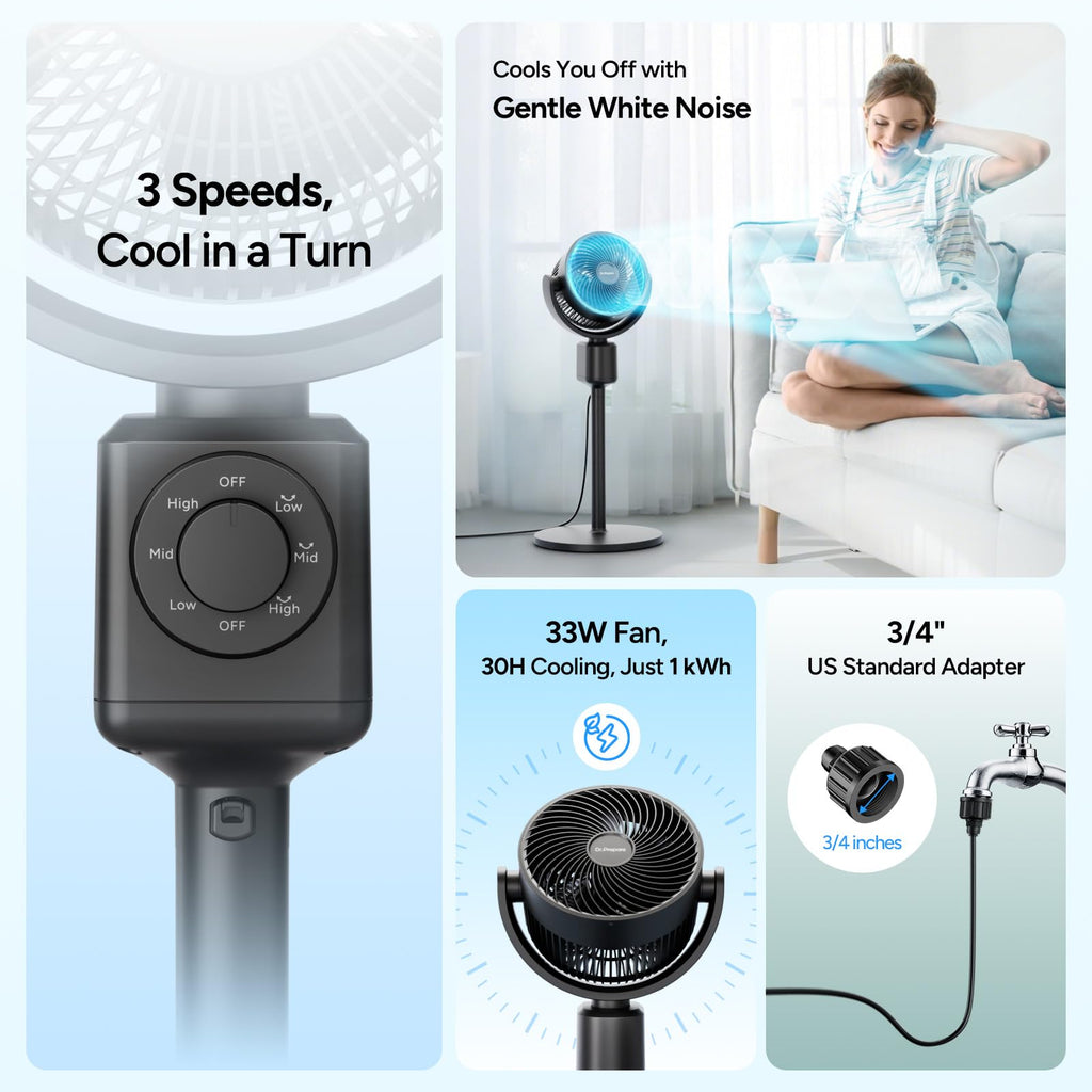 Compact Misting Pedestal Fan with Magnetic Mister, Quiet Air Circulator Standing Fan, 16-34" Adj. Height, 70°Auto-Oscillation, 3 Speeds B19914