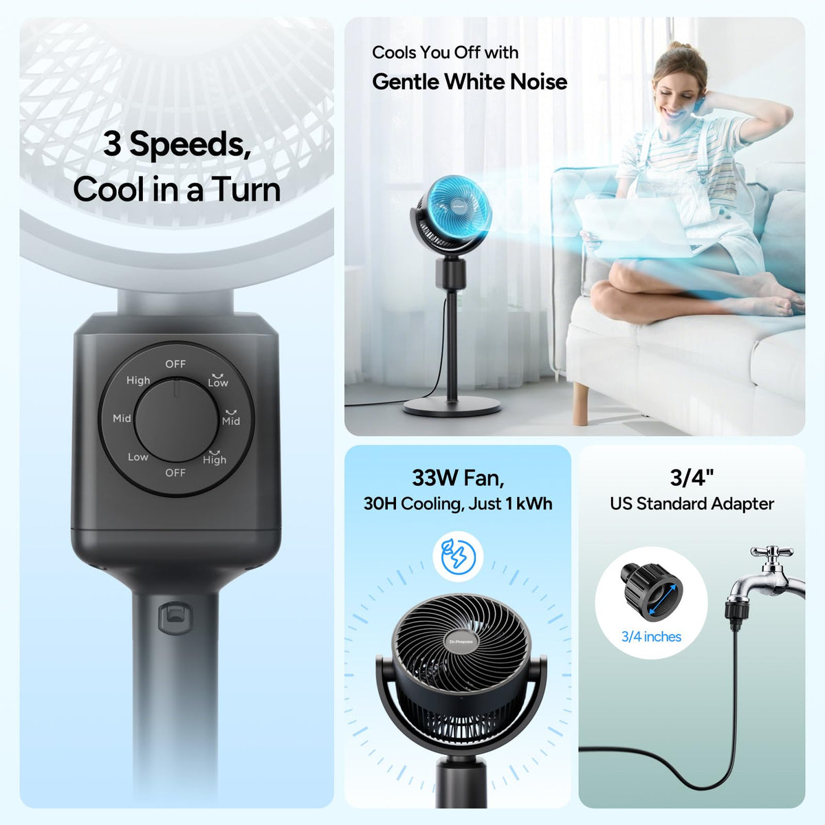 Compact Misting Pedestal Fan with Magnetic Mister, Quiet Air Circulator Standing Fan, 16-34" Adj. Height, 70°Auto-Oscillation, 3 Speeds B19914