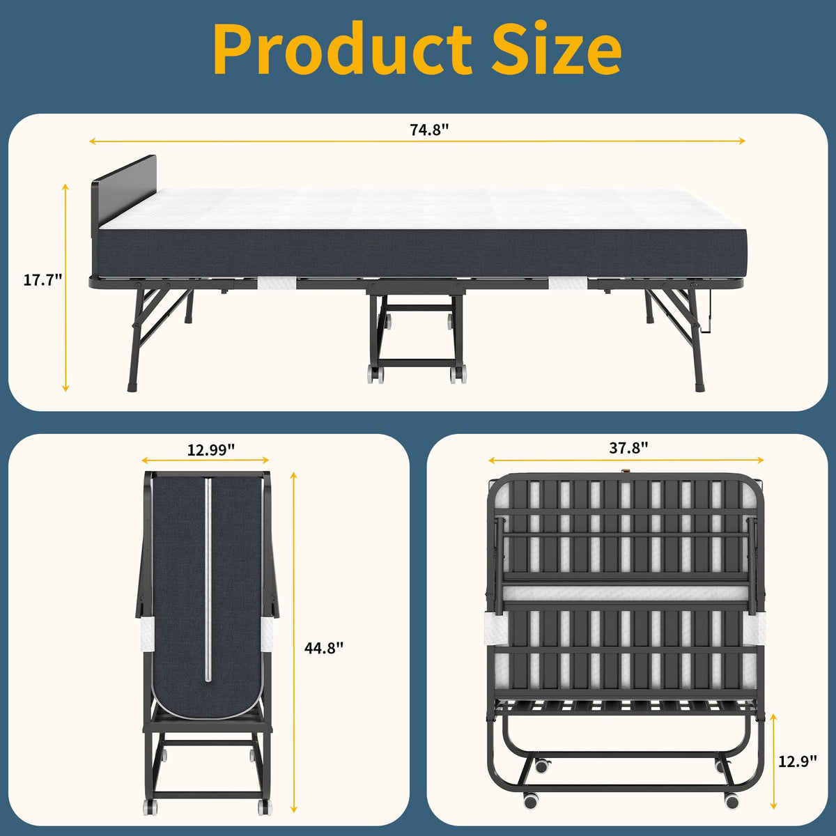 Folding Bed with Mattress, 75" x 38" Twin Size Y1402
