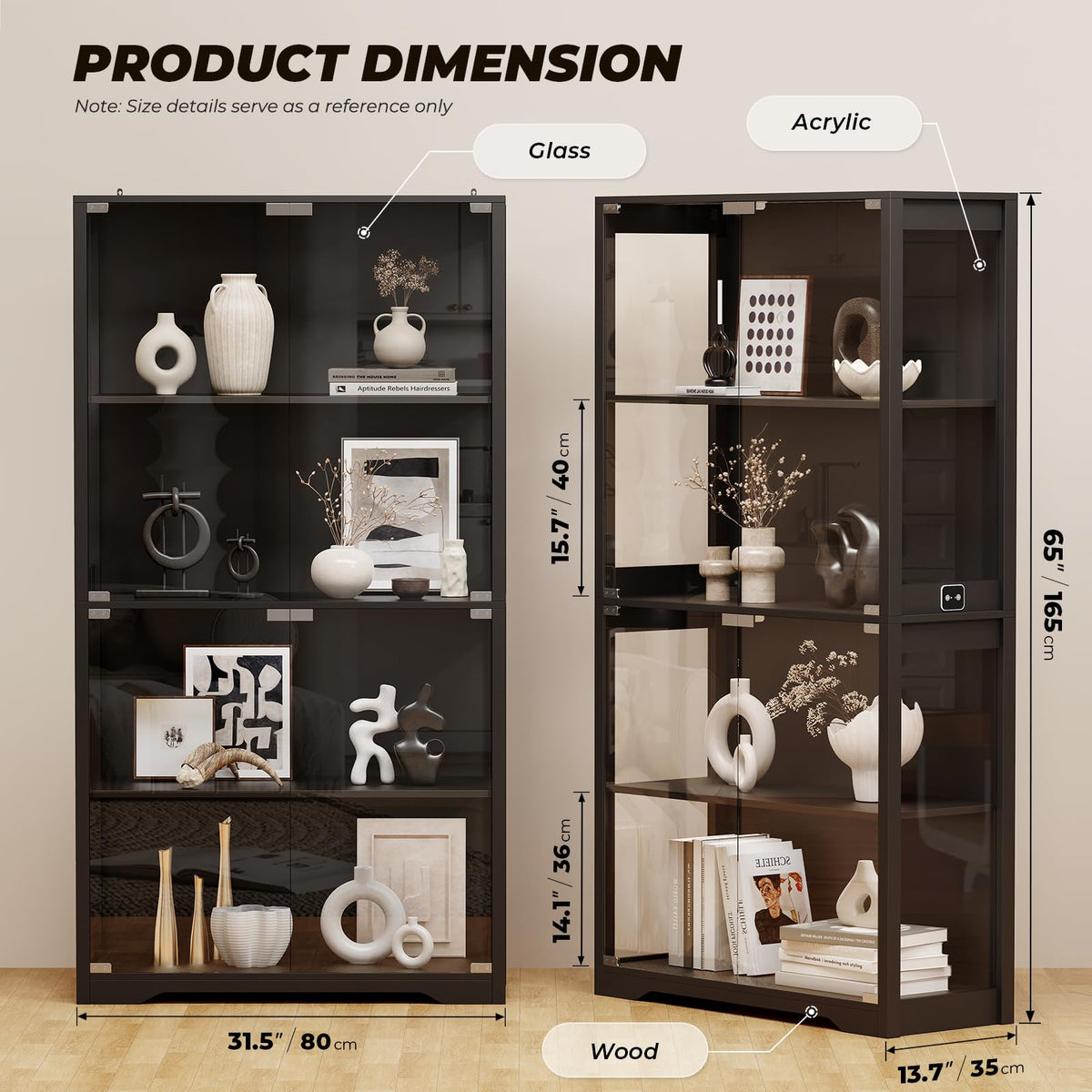 Black 4-Tier Display Cabinet with Glass Doors T950366