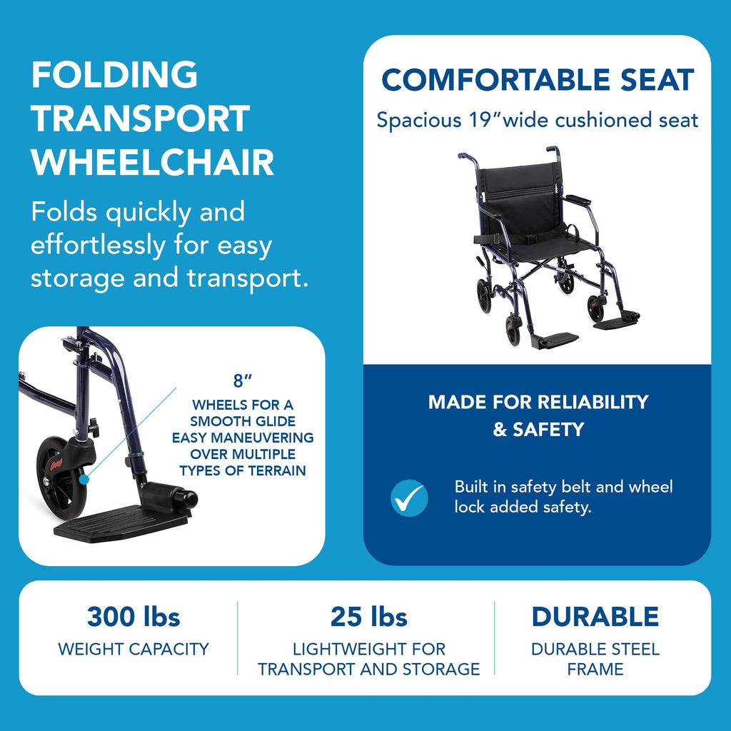 Folding Transport Wheelchair with 19 inch Seat J219