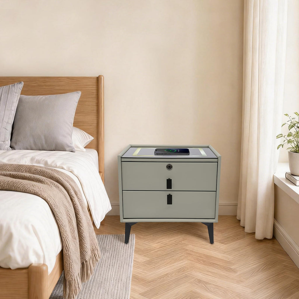 Light Gray Solid Wood Nightstand with Charging Station and 2 Drawers P5232