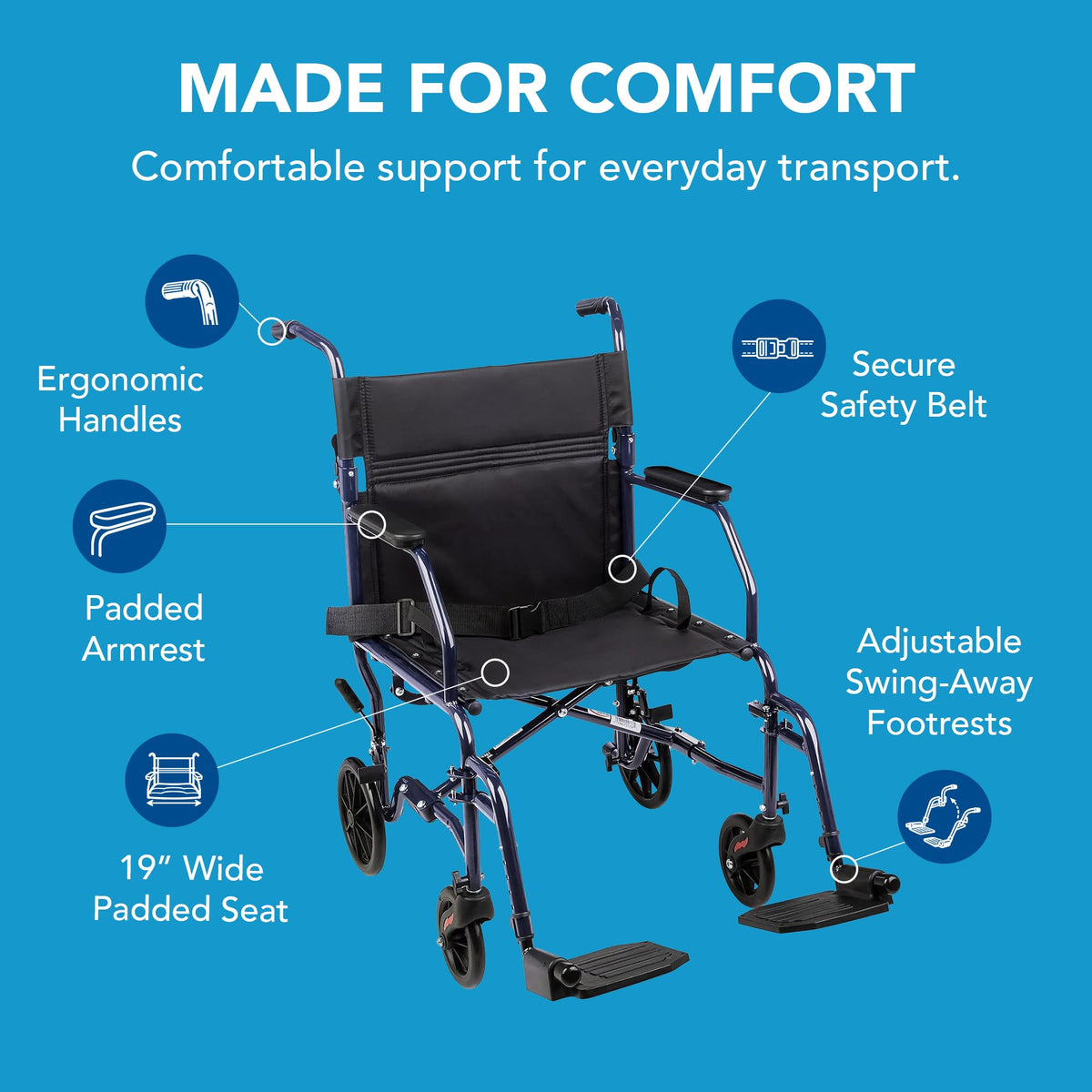 Folding Transport Wheelchair with 19 inch Seat J219