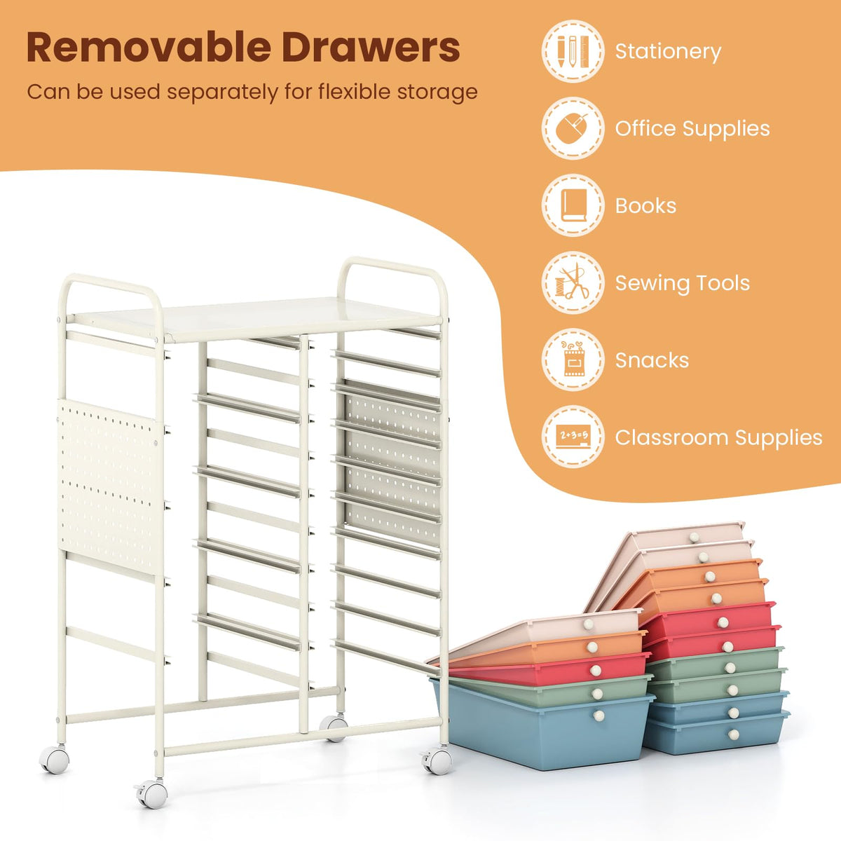 15 Drawer Rolling Storage Cart with Metal Tabletop J206308