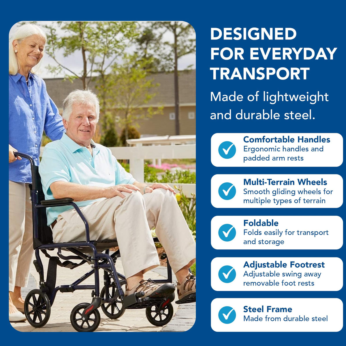 Folding Transport Wheelchair with 19 inch Seat J219