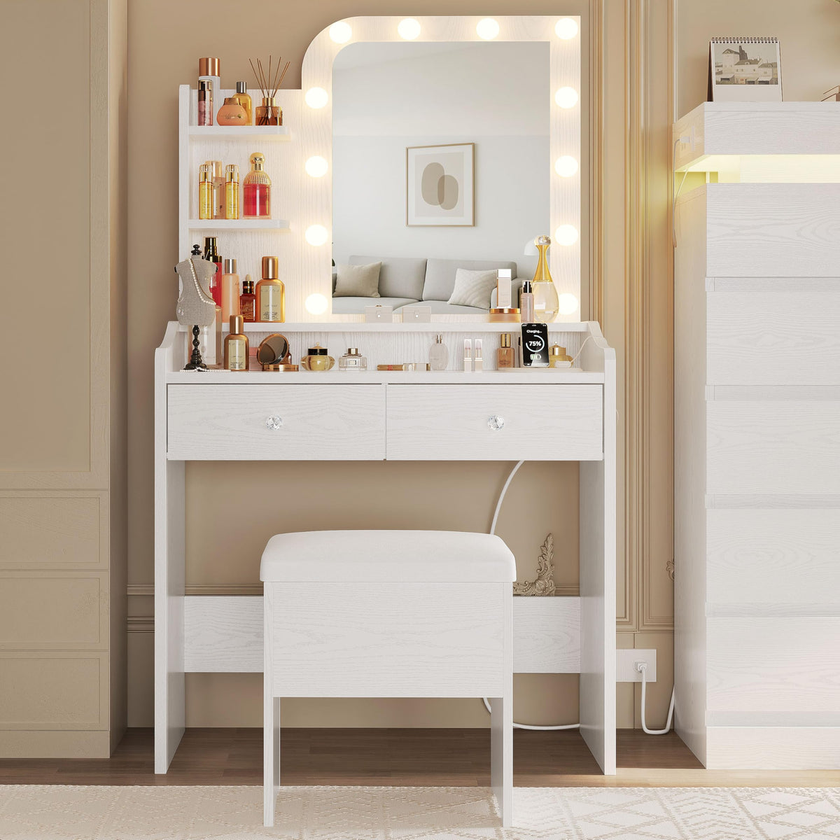 White Vanity Desk with Mirror Lights and Storage Stool K662803